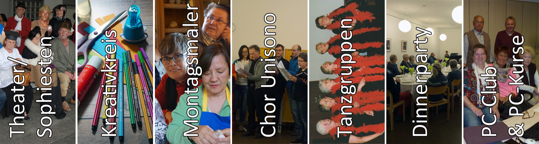 Eine Collage verschiedener Gemeindegruppen, darunter Theater, Kreativkreis, Montagsmaler, Chor Unisono, Tanzgruppen, Dinnerparty und PC-Club.