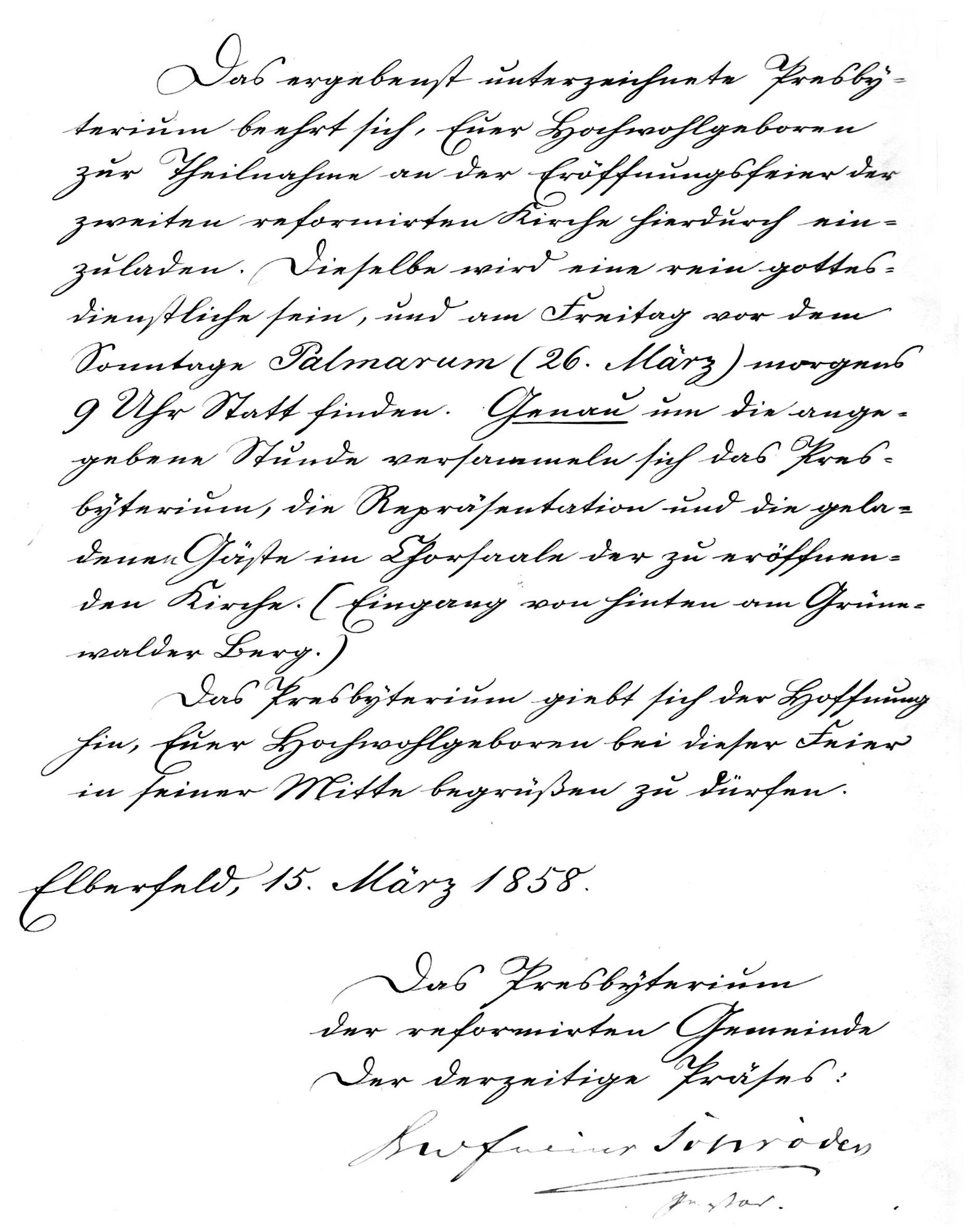 Eine historische handschriftliche Einladung vom 15. März 1858 zur Eröffnung der zweiten reformierten Kirche in Elberfeld.