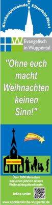 Ein Weihnachts-Banner der Kirchengemeinde Elberfeld-West mit dem Zitat: „Ohne euch macht Weihnachten keinen Sinn!“. Es zeigt eine Grafik einer Kirche und einer Sternschnuppe.