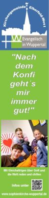 Ein Info-Banner der Kirchengemeinde Elberfeld-West zum Thema Taufe mit dem Titel „Taufe tut gut!“ und dem Foto einer glücklichen Familie am Taufbecken.